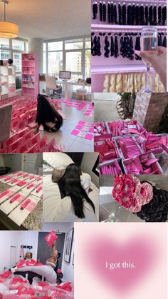 a collage of photos with pink and white items in the background, including boxes