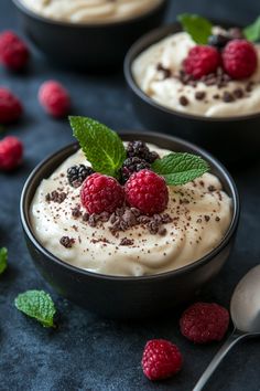 Vanilla yogurt topped with raspberries, blackberries, chocolate shavings, and a mint leaf, served in a black bowl. Discard Desserts, Sourdough Discard Recipe, Sourdough Discard Recipes, Sourdough Muffins, Sourdough Biscuits, Mouthwatering Desserts, Sourdough Pizza Crust, Savoury Crackers