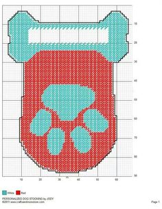 a cross stitch pattern with a blue and green bag on the bottom, in front of a