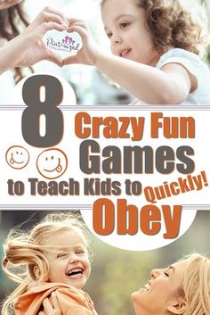 a woman holding a small child with the words 8 crazy fun games to teach kids to quickly obey