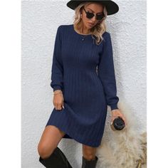 -Item Id 46439096 -Details: Rib-Knit -Neckline: Round Neck -Sleeve Type: Bishop Sleeve -Style: Casual -Waist Line: High Waist -Hem Shaped: Flared -Color: Navy Blue -Pattern Type: Plain -Sleeve Length: Long Sleeve -Length: Short -Fit Type: Regular Fit -Fabric: Medium Stretch -Material: Fabric -Composition: 100% Polyester -Care Instructions: Hand Wash Or Professional Dry Clean -Temperature: Late Fall (10-17/50-63) -Sheer: No **Open To Offers!!!** **Bundle To Save More** **30% Off Bundles Of 2 Or M Dress For Autumn, Late Fall, Bishop Sleeve, Winter Color, Classy Chic, Knit Sweater Dress, Lantern Sleeve, Lantern Sleeves, Fabric Medium