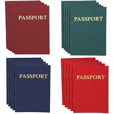 four different colored passport covers with the word passport on one side and gold lettering on the other