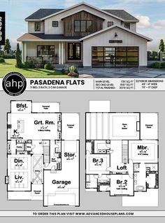 two story house plan with garage and living room in the middle, three car garage