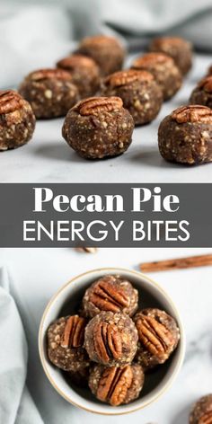 pecan pie energy bites in a white bowl and on a table with cinnamon sticks