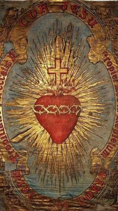 an ornate painting with a heart and cross on it