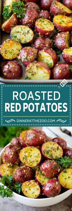 roasted red potatoes with herbs and seasoning in a white bowl