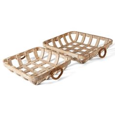 two wooden trays sitting on top of each other with wheels attached to the sides