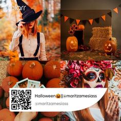 a collage of photos with pumpkins and witches on them, including a woman in a witch costume