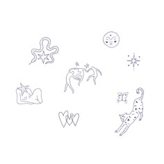 several drawings of animals and stars on a white background