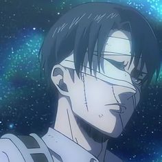 an anime character with black hair and glasses looking at the camera in front of stars