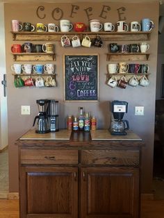 a coffee bar with lots of cups on it