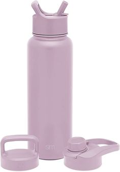 thermos bottle with lid and handle is shown in light purple, as well as an insulated cup