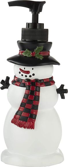 a snowman with a black hat and red scarf on it's head is holding a soap dispenser