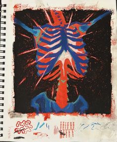 a drawing of a human skeleton in red, white and blue