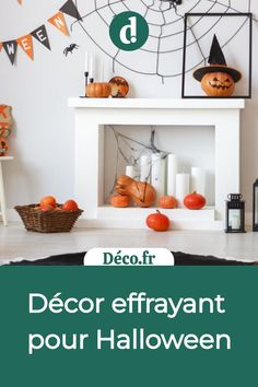 a fireplace decorated for halloween with pumpkins and decorations