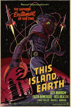 the poster for this island, earth shows an alien standing in front of a space station