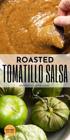 roasted tomato salsa in a white bowl with green peppers