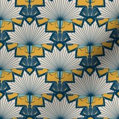 an image of a blue and yellow wallpaper with fan design on it's side