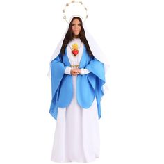 Share the story of baby Jesus with this Women's Nativity Mary Costume! The women's costume was designed to have a classic look, which is perfect for any church pageant or play. The costume comes with a white dress, a blue shawl, and a white veil. The costume also includes a belt made out of metallic gold cord. Finally, the costume comes with halo headband that fits on your head! You can play the role of Jesus' mother in the next nativity scene this Christmas! Virgin Mary Costume, Mary Costume, Small Veil, Long White Gloves, Biblical Costumes, Nativity Costumes, Veil Length, Women Costume, Costume For Women