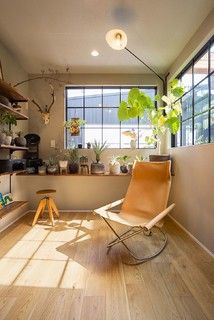 a living room filled with lots of furniture and plants on top of shelves next to a window