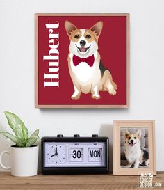 a dog with a bow tie sitting on top of a table next to a clock