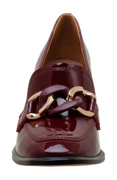 A two-tone chain adds a dash of modern elegance to the vamp of this sleek leather loafer lofted on a flared block heel. 3" heel Cushioned footbed Leather upper/synthetic lining/rubber sole Imported Burgundy Loafers Outfit, Elegant Burgundy Leather Loafers, Burgundy Slip-on Formal Loafers, Loafers Outfit Women, Luxury Buckle Closure Loafers For Semi-formal Occasions, Luxury Red Semi-formal Loafers, Burgundy Bags With Gold-tone Hardware And Double Handle, Red Loafers, Block Heel Loafers