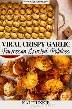 two pictures with text that reads virtual crispy garlic parmesan crust potatoes