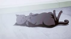 a cat laying on the ground next to a wall with its shadow cast onto it