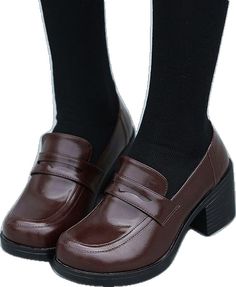 Japanese Shoes School, School Shoes Reference, Classic Brown Synthetic Loafers, Brown Platform Loafers For Formal Occasions, Brown Platform Loafers For Business, Brown Closed Toe Loafers For Fall, Brown Fall Loafers With Rubber Sole, Fall Brown Loafers With Rubber Sole, Retro Brown Round Toe Loafers