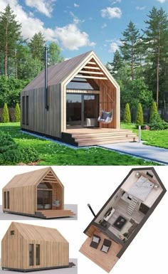 a small wooden cabin in the middle of some grass