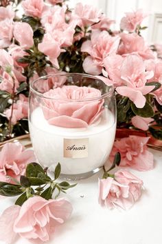 some pink flowers are in a glass vase