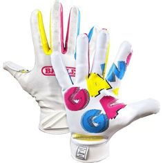 a pair of white and yellow gloves with different designs on the palm, one has a blue button in the middle