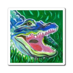 a painting of an alligator with its mouth open and tongue out in the green grass