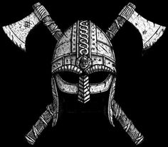 a black and white drawing of a viking helmet with two large axes on it's head