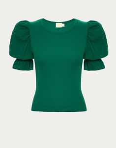 Look undeniably stylish in the Kenzie Flounce Sleeve Tee! This timeless emerald green top is perfect for the upcoming Fall season—featuring a ribbed bodice, crew neckline, and raw hemline. For a unique twist, the puff sleeves feature a ruffle detail to take your day-to-night look to the next level! Details: 95% Pima Cotton, 5% Elastane Machine wash cold True to size Model is 5'4" and wearing a size small. Luxury Green Tops With Ruffles, Luxury Green Tops For Summer, Cheap Feminine Green Tops, Affordable Classic Green Tops, Luxury Green Short Sleeve Tops, Luxury Green Cotton Tops, Luxury Puff Sleeve Top For Work In Fall, Luxury Puff Sleeve Top For Work And Fall Season, Luxury Green Winter Tops