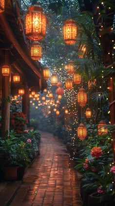 lanterns are hanging from the ceiling over a walkway