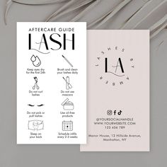 Modern eyelash extensions care cards for your lash salon or lash bar. This lash care card features care icons for each step, trendy fonts and minimal cream and white color scheme. Add your logo and business details on the back to make stylish lashes after care business cards for your brand. Lash Extensions After Care Instructions, Lash Care Card, Lash Cards Business, After Care Lash Extensions, Lash Tech Business Cards, After Care Eyelash Extensions, Lash Extensions Business Cards, Lash Brand Name Ideas, Lashes Branding