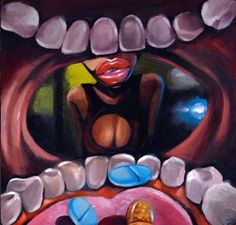 a painting of a woman sitting in front of a mirror with teeth and gums on it