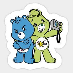 two teddy bears are hugging each other with a camera in their hands and one is holding a star