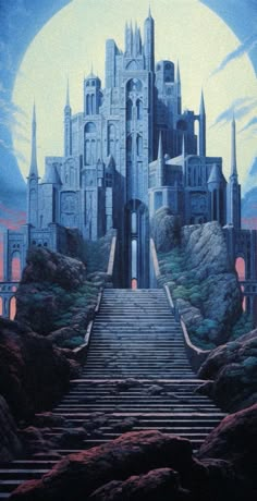 an image of a castle with stairs going up to the entrance and sky in the background