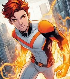 a young man in an orange and white suit with flames coming out of his chest