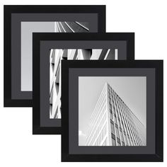 three black and white frames with a building in the background