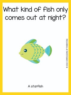 a yellow and blue fish with the words what kind of fish only comes out at night?