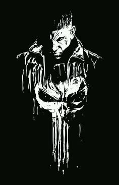 a black and white drawing of a man holding a knife in his hand with dripping paint on it