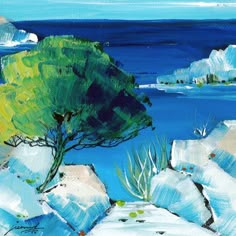 a painting of a tree in the middle of some rocks and water with icebergs in the background