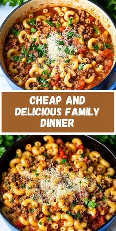 two pictures with the words cheap and delicious family dinner in them, one is filled with pasta