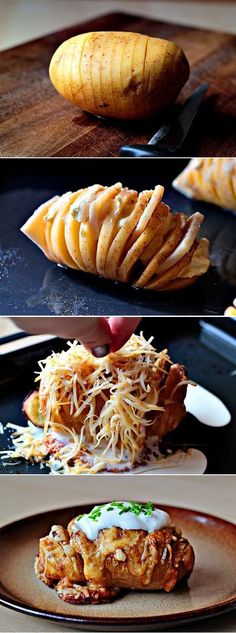 four different views of food on plates with utensils