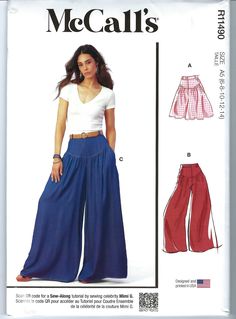 a woman wearing wide legged pants and a white t - shirt is shown in this sewing pattern