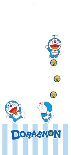 doraemon wallpaper with three cartoon characters in blue and white striped background, one has an image of doraemon's face on it