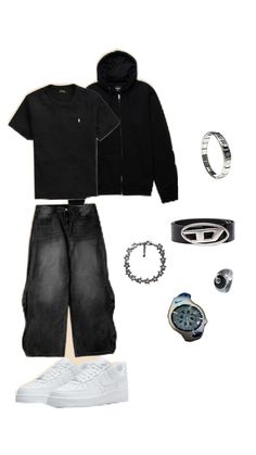 a man's outfit is shown in black and white, including shoes, bracelets, sunglasses, hoodie